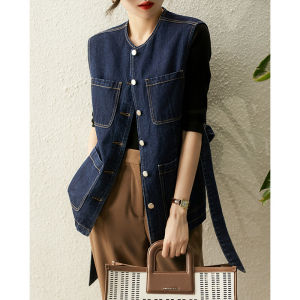 เสื้อกั๊กยีนส์ทรงหลวมสำหรับผู้หญิง ฤดูใบไม้ผลิและฤดูใบไม้ร่วง เสื้อคลุมแบบบาง แขนกุด กระเป๋าใหญ่ ชุดเดรสลำลอง