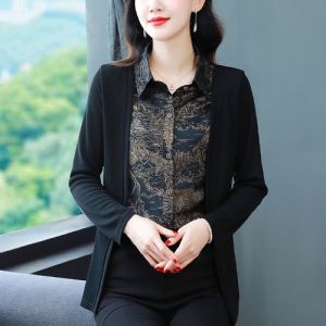 Fake Two-Piece Womens Knit Shirts Spring & Fall New Arrival Fashion Trendy Slimming Shirt Flab Hiding Long Sleeves Mom Clothes Tops