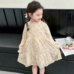 Váy Công Chúa Tay Dài Mùa Xuân Cho Bé Gái Váy Voan Họa Tiết Hoa Thời Trang Cho Bé Gái Mùa Xuân 2024 Váy Midi Cạp Cao