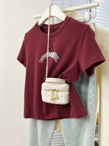 Red Pure Cotton Short Sleeve T-Shirt Women Summer New Design Loose Top Shoulder Width Regular Cotton Polyester Spandex Blend