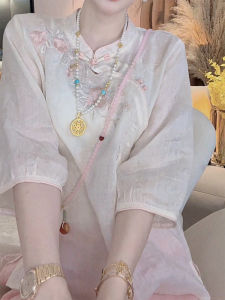 Shalldoer | New Chinese Style Embroidered Short Sleeve Shirt Womens Fashionable Summer Age Reducing Personality Top Button Round Neck