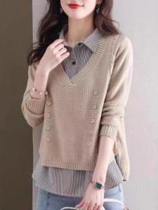 Fashionable Loose Womens Shirt Inner Wear Doll Collar Fake Two-Piece Autumn Winter New Design Korean Style Long Sleeve Polo Neck