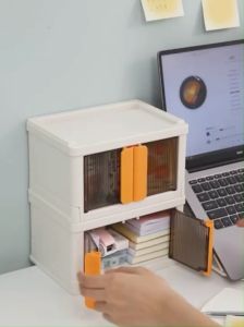 กล่องเก็บของพลาสติกจิ๋ว สำหรับวางโต๊ะ การพับเก็บได้ ประกอบง่าย มีฝาปิดตัวล็อค กันน้ำ กันฝุ่น และสามารถวางซ้อนกันได้