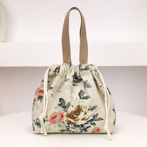 Casual Canvas Bucket Bag Womens Handbag with Drawstring Korean Japanese Print Youth Leisure Mobile Phone And Bento Box Carrier
