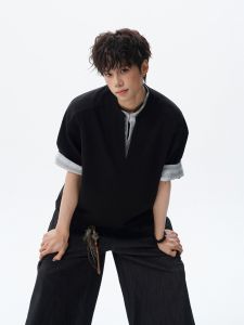 OULUDE | Patched Two-piece V-neck Summer Fashion Loose Casual T-shirt