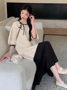 New Chinese Style Color Block Long Dress Women Summer 2025 Loose Fit Short Sleeve round Neck A-Line Gown Elegant Slimming