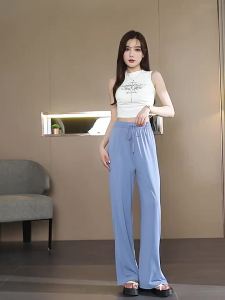 ＜1007＞ Quần ỐNg RộNg Lụa Lạnh Chống Nắng Quần Đi Nhà Nhanh Khô Mùa Hè Cho Nữ Quần Dài 9 Tấc Ống Đứng Thể Thao Rộng Rãi Đơn Giản Thường Ngày