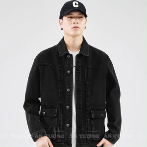 Áo khoác Jeans bò Đen mẫu basic 2 túi Hộp Denim Chống Nắng Trơn Dáng Vừa Đơn Giản Gu Tối Giản AJ002