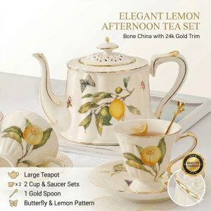 XMSJ | Elegant Lemon Afternoon Tea Set Vintage Bone China Coffee Cups Saucer Set With 24k Gold Trim Large Teapot Porcelain Teacups Kits