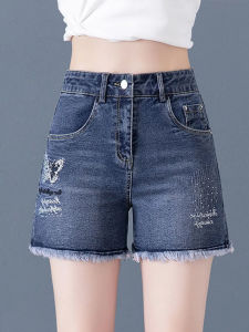 High Waist Straight Leg Embroidered Hem Denim Shorts Womens Summer Thin New Elastic Slimming Hot Pants Cotton Stretch Denim