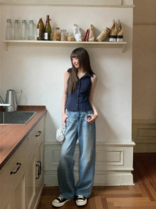 NIHAOKANONG | Quần Jeans Rách Phong Cách Vintage Form Rộng Dáng Thẳng Cao Waist