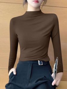 Slim Fit Long Sleeve Half High Collar Base Shirt Womens Inner Wear Thin Pure Color Versatile Top Korean Style Commute Fashion
