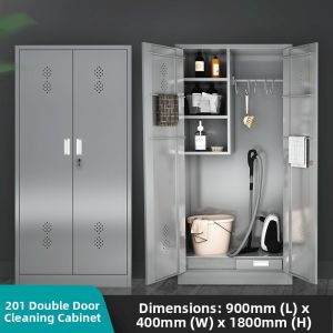 Stainless Steel Broom and Cleaning Tool Storage Cabinet