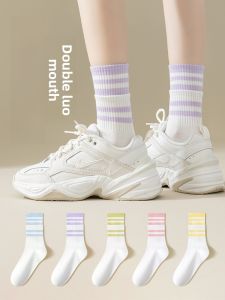 JINGCHI | Womens Sport Socks Mid-Calf Long Tube Striped Cotton Socks Moisture Wicking Comfortable Breathable Autumn Winter Colorful Socks