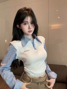 GUZILIAN | Spicy Girl French Vintage Polo Collar Lace Trim Splice Long Sleeve Knitted Shirt Slimming Top Women Autumn Winter Fashion