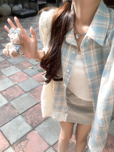 Spring Lace Patchwork Shirt Blue Plaid