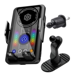 15W Cooling Car Phone Wireless Charger Holder 360 Rotation Phone Cooler Mount for Samsung S25 Iphone 17 16 15 14 13 12 Pro Max