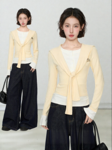 BAIDAIFEI | Faux Layered Henry Collar Fitted Short T-Shirt