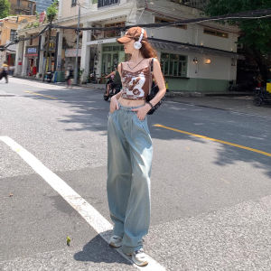 High Waist Wide Leg Pants Korean Style Folded Design Loose Fit Floor Length Jeans Casual Comfortable Straight Cut Trousers