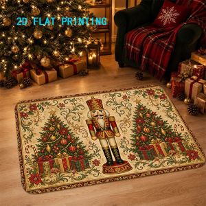 VIKAMA Christmas Nutcracker Doormat Flannel Non Slip Entrance Floor Mat Soft Washable Vintage Tree Gift Pattern Entryway Rug
