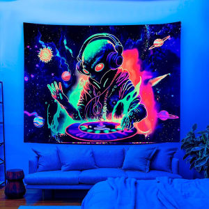UV Reactive Black Light Alien Tapestry Trippy Hiphop Fluorescent Astronaut Wall Hanging for Psychedelic Bedroom Decor