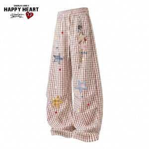 CHARLES JANGS HAPPY HEART | Heart Pattern Plaid Star Loose Straight Pants