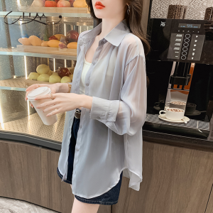 Fashionable Summer Thin Ice Silk UV Protection Womens Loose Cardigan Outerwear Chiffon Shirt Breathable Lightweight Long Sleeve Polo Neck