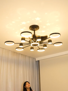 Lampu Kipas Angin Gantung Plafon Remote Kipas Angin Gantung Plafon Lampu Gantung Ruang Tamu Besar 2 in 1 Remote Control 12 Kepala Emas LED 3 Warna Ruang Tamu/Kamar Tidur/Hotel/Bar bsu