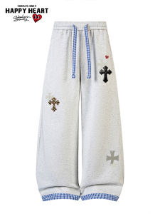 CHARLES JANGS HAPPY HEART | Peach Heart American Check Cross Print Loose Straight Trousers