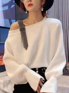 White Shoulder-baring Knitwear Long Sleeve Overhead Womens New Style Autumn Fashionable European Goods High-grade Sense