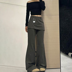 Loose High Waist Wide Leg Jeans Womens Fake Two-Piece Design Slimming Hip Covering Grey Green Denim Casual Workwear