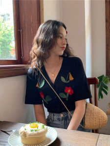 For Plump Women V-neck Female Summer Flower Embroider Loose Short Sleeve Ice Silk Knitting Open Plus Size Fashion Casual Ice Silk T-shirt Tops