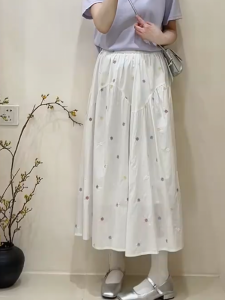 MANMI | Feminine White Floral Pattern Midi Skirt High Waist Casual Versatile