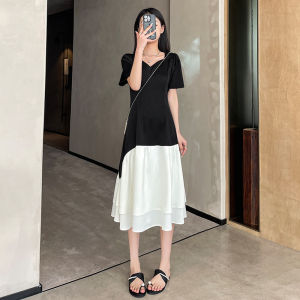 LANGPIN | Plus Size Slimming V-Neck Dress Skin-Friendly A-Line Midi Skirt Womens Summer Fashionable Black Dress Smooth Polyester Blend