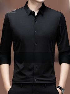 เสื้อเชิ้ตทรงหลวมแบบไม่มีตะเข็บสำหรับผู้ชาย แขนยาว ฤดูใบไม้ผลิและฤดูใบไม้ร่วง ใหม่ล่าสุด สำหรับวัยกลางคน เสื้อเชิ้ตธุรกิจลำลองระดับไฮเอนด์สีพื้น