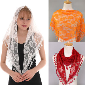 HUYOIU Triangle Veil Scarf Blended Jacquard Rose Shawls For Women Muslim Church Prayer Wedding Shawls Headband
