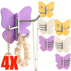4pcs Waterproof Butterfly Shape Adhesive Wall Hook / Swivel 3-Hook Design Without Drilling / Practical Hanging Organizer for Bathroom Kitchen Jewelry and Towel Storage