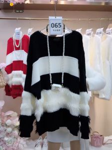 Ladies Casual Long Sleeve Knitted Sweater Korean Style round Neck Splicing Color Block Lazy Cat Pattern Loose Fit Commute