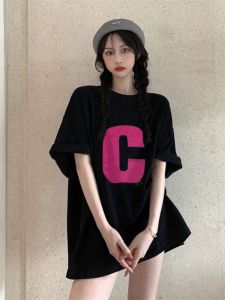 เสื้อยืดแขนสั้นสีดำ ทรงหลวม สำหรับผู้หญิง ฤดูร้อน ใหม่ ขายดี สไตล์ยุโรป ไซส์ใหญ่ 200 ปอนด์ เสื้อตัวบน