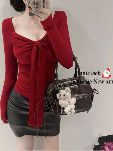 Christmas New Year Red Bowknot V-neck Long Sleeve T-shirt Womens Slim Fit Short Style Top Citywalk Commute Style Fashion