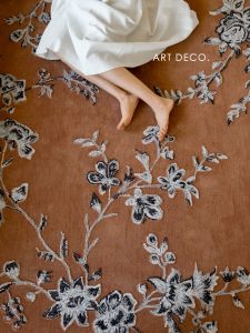 Rino Art Handmade Embroidery Carpet 3D Sofa Living Room Large Size Red Tea Color Floral Pattern Rectangular Synthetic Fiber