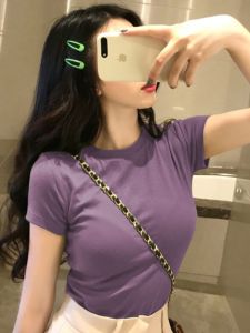 เสื้อยืดคอกลมแขนสั้นทรงเข้ารูปผ้าฝ้ายแท้สำหรับผู้หญิง ฤดูร้อน 2024 เสื้อชั้นในสีม่วง เสื้อชั้นในสไตล์เกาหลี เสื้อผ้าทำงาน