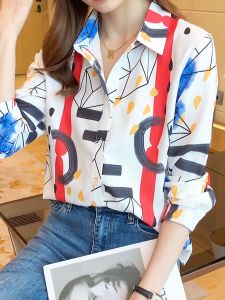 New Fashion Korean White Long Sleeve Women Shirt Personalized Print Casual OL Work Party Top Clothes