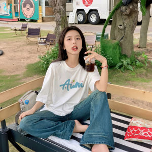 White Cotton T-Shirt Womens Summer Loose Short Sleeve round Neck Print Korean Style Fashionable Unique Design Top