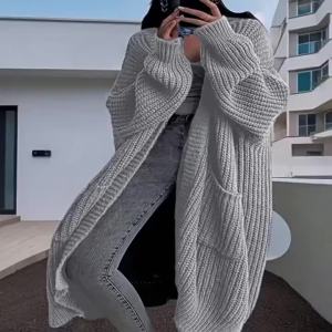Autumn Winter Womans Long Knitted Casual Coat Fashion Long Sleeves with Pocket Cardigan Sweater Ladies Comfort Warm Clothing