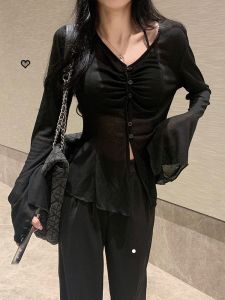 Elegant Black Sun Protection Long Sleeve V-Neck Knitted Cardigan Womens Summer Thin Design Bell Sleeve Shirt Stylish Top