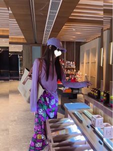 Spring Fashion Womens Purple Two-Piece Set Elegant Simple Design Korean Style round Neck High Waist Slim Fit Casual Wear