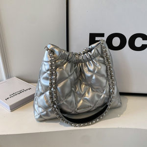 Womens Large Capacity Bucket Bag Fashion Trend Magnetic Buckle Closure PU Leather Shoulder Crossbody Handbag Diamond Chain