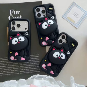 3D telescopic stand cute black cat silicone phone case for iPhone 17 16 15 14 13 Pro Max Soft silicone cover