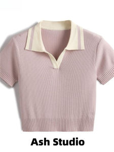 Áo Thun Tay Ngắn Cổ Polo Bằng Lụa Băng Ngắn Mùa Hè Cho Nữ Áo Thun Phong Cách Hàn Quốc Thường Ngày Màu Trơn Dài Vừa Phải